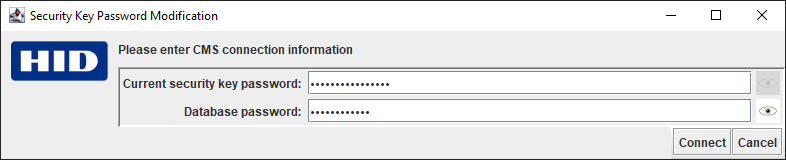HID Security Key Password Modification dialog box with the Current security key password and the Database password entered